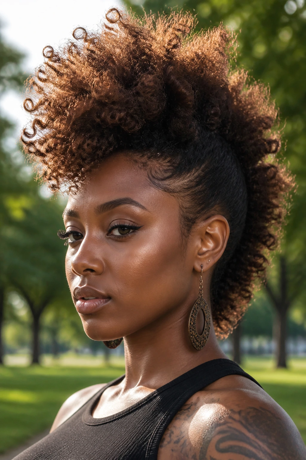 Close-up of a real woman with a high-volume curly Mohawk outdoors