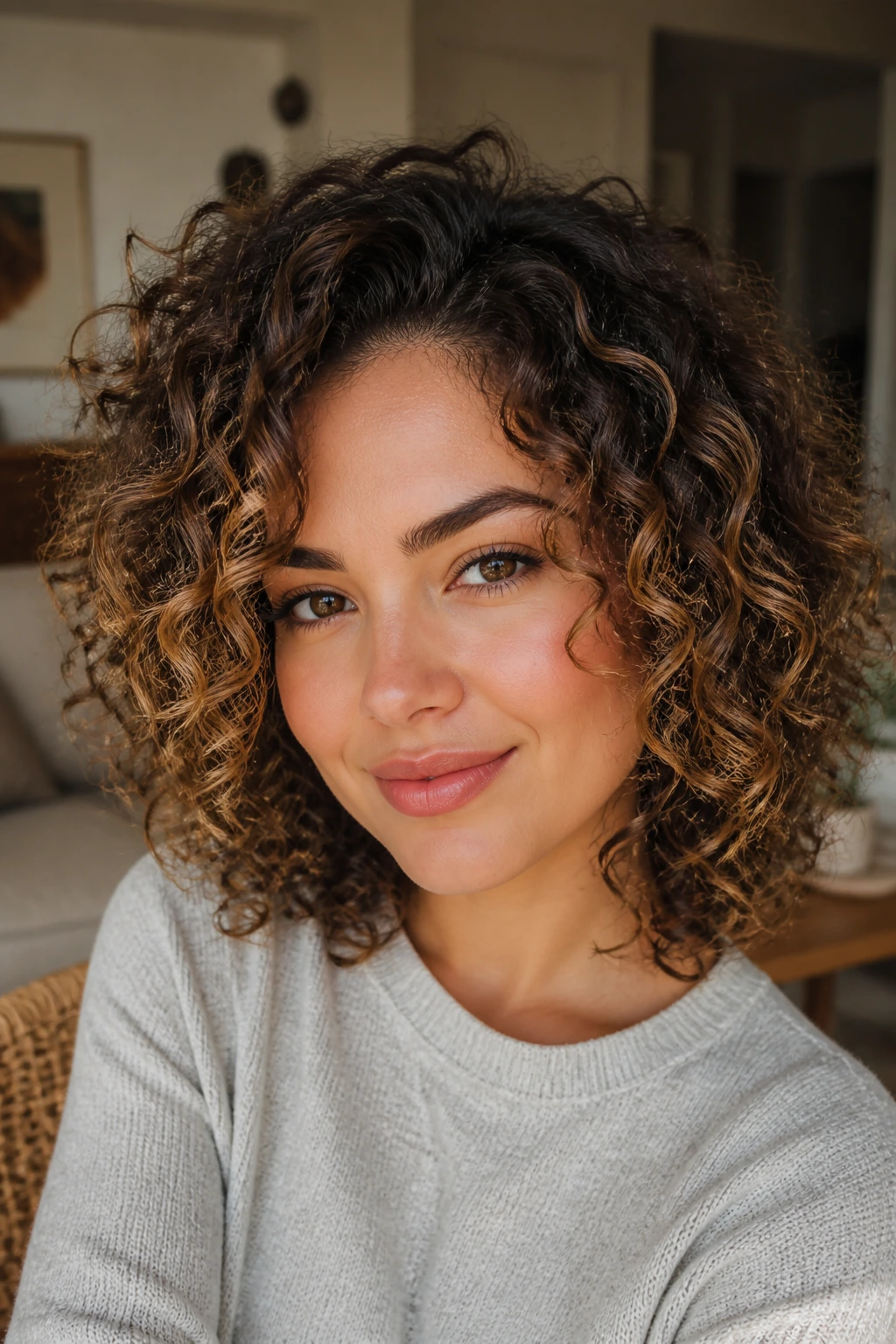 Close-up of a woman with curly hair and outer-curve highlights on a round face