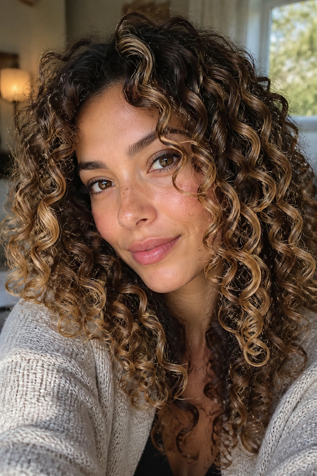 Close-up of a real person's curly hair with caramel highlights painted along spirals