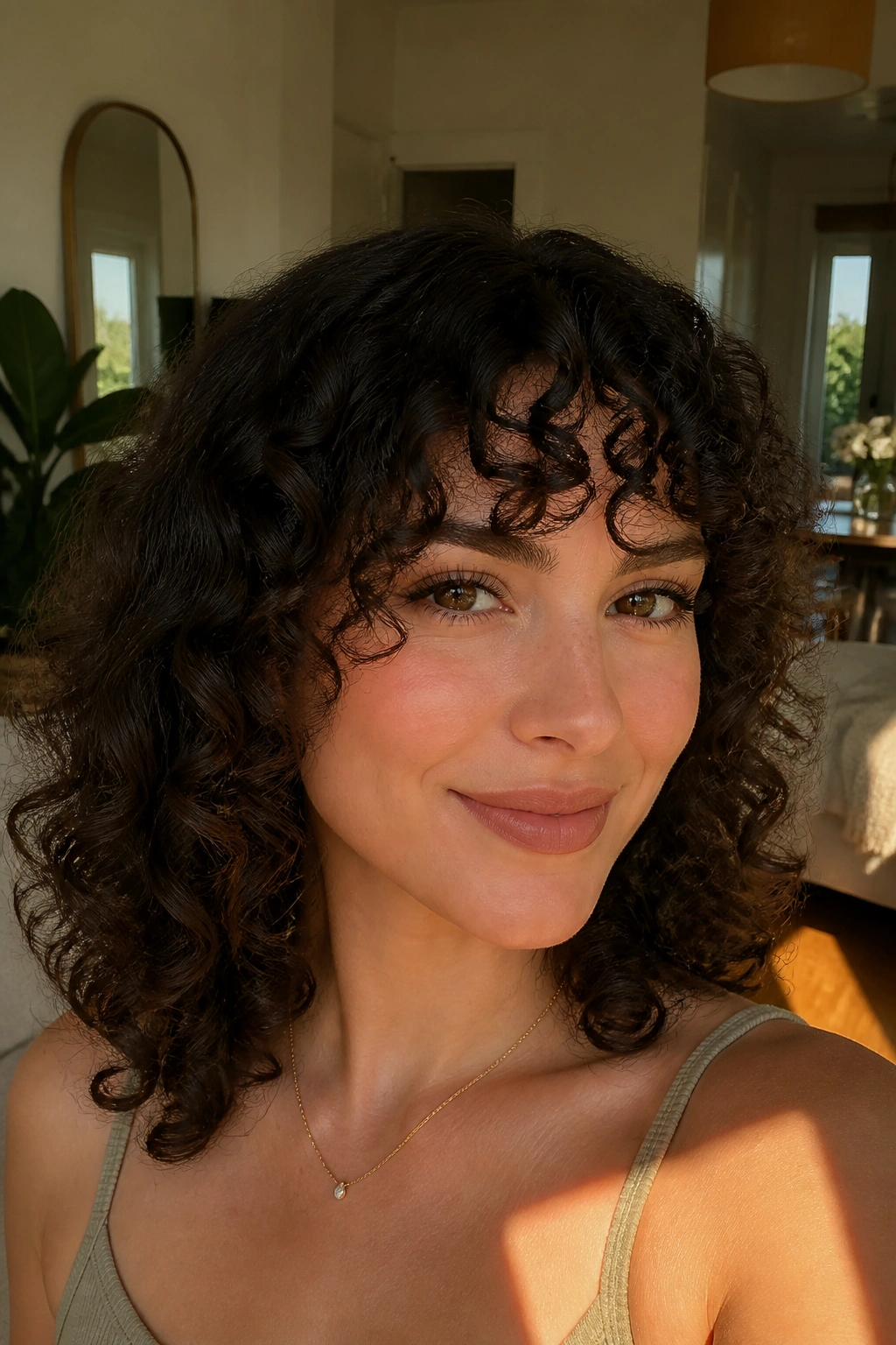 Close-up of a real woman with curly inverted bangs and soft curls