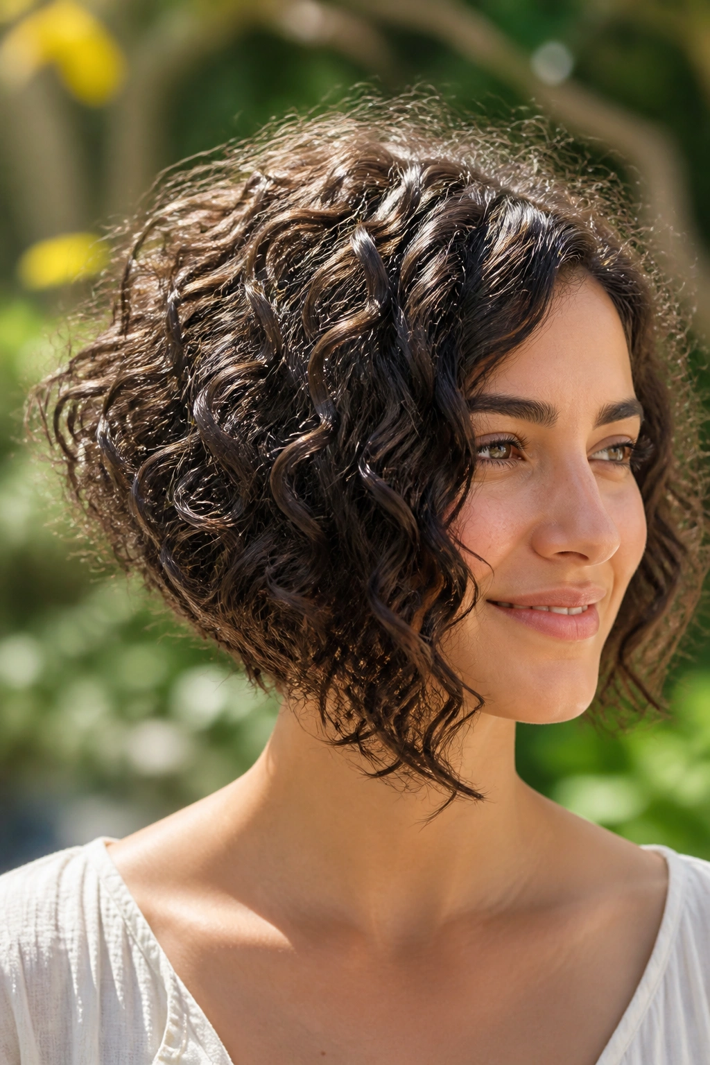 Real woman with a curly inverted bob.
