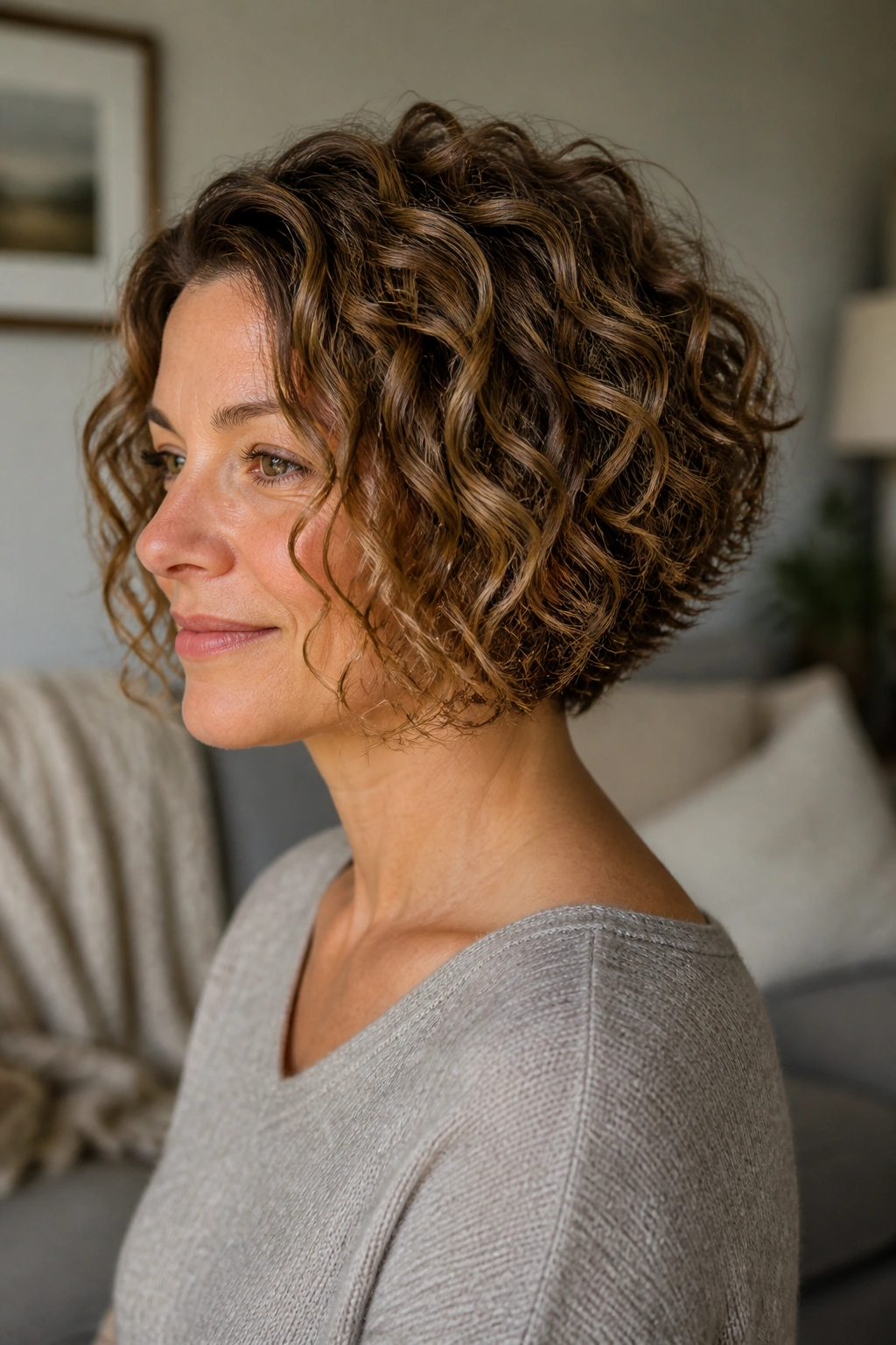 Close-up of a real woman with a curly inverted bob showing natural curls and rounded silhouette.