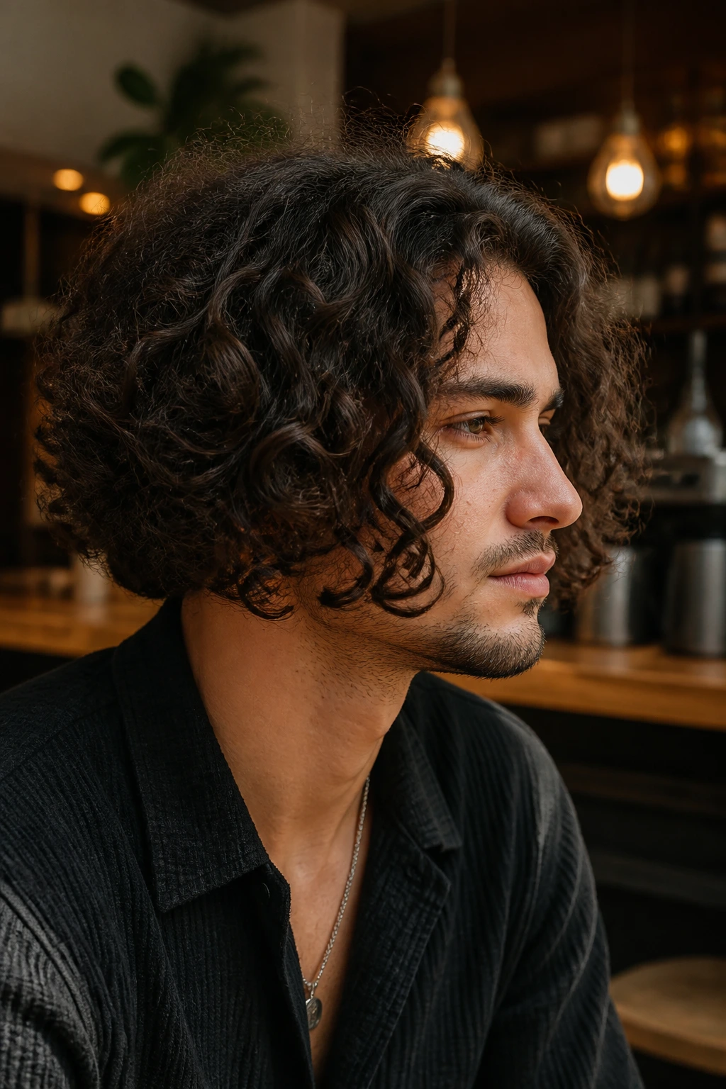 Real man with curly inverted bob in a cafe setting, curls stacked on crown.