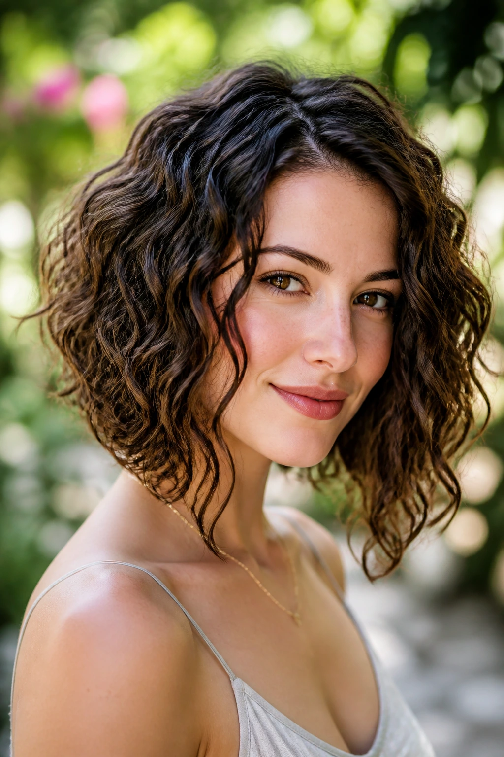 Portrait of a real woman with curly long inverted bob and narrow sides outdoors
