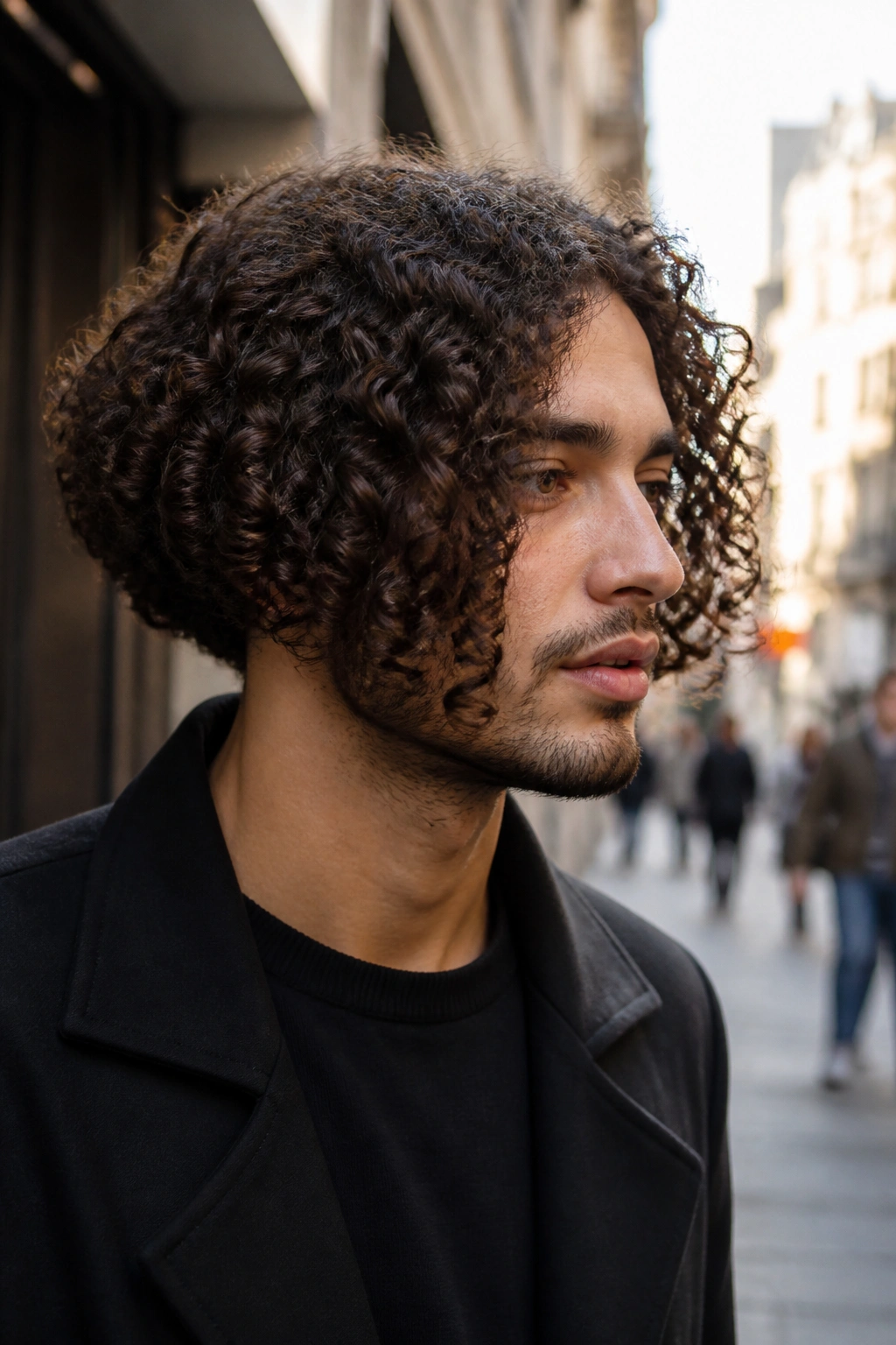 Real man with curly inverted bob on a city street.