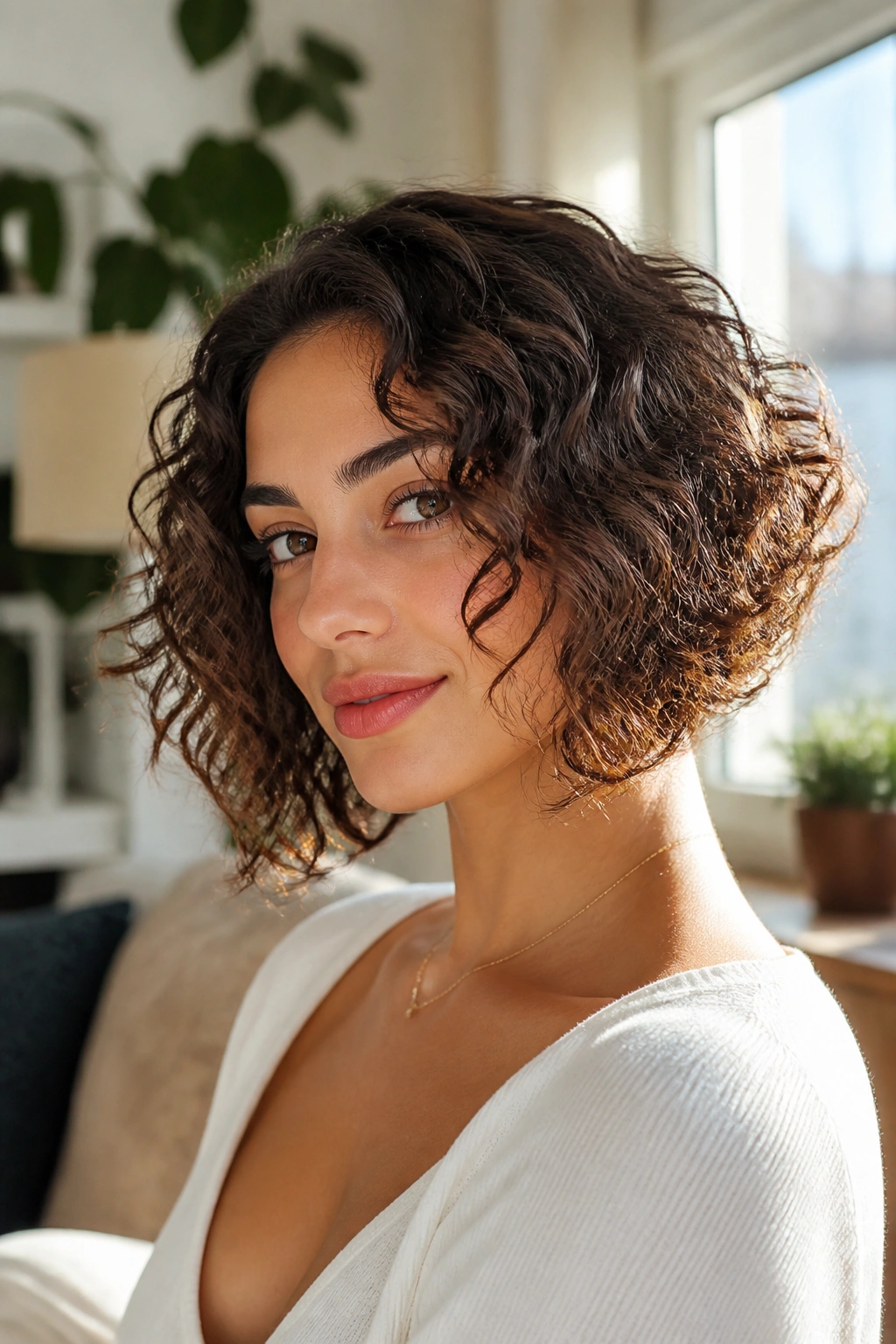 Close-up of a real woman with curly inverted bob in a sunlit room