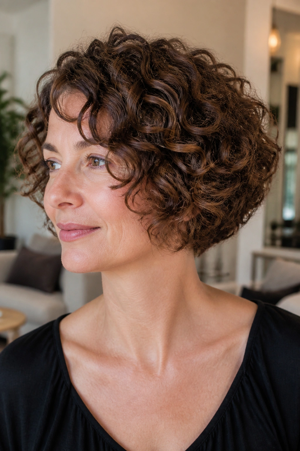 Close-up portrait of a real woman with Curly Inverted Bob with Rounded Shape in natural light.