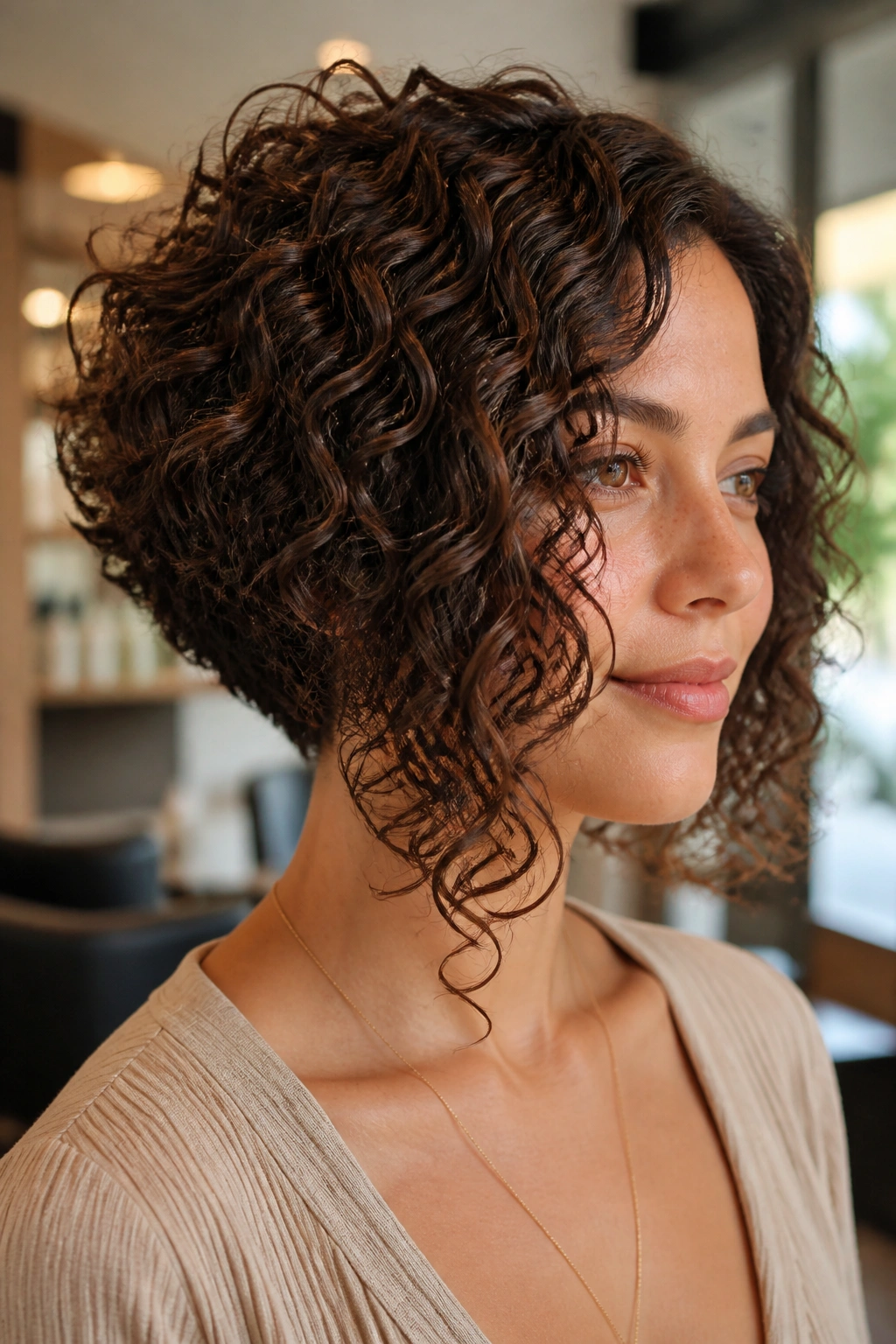 Close-up portrait of a real woman with a curly inverted cut and longer front pieces