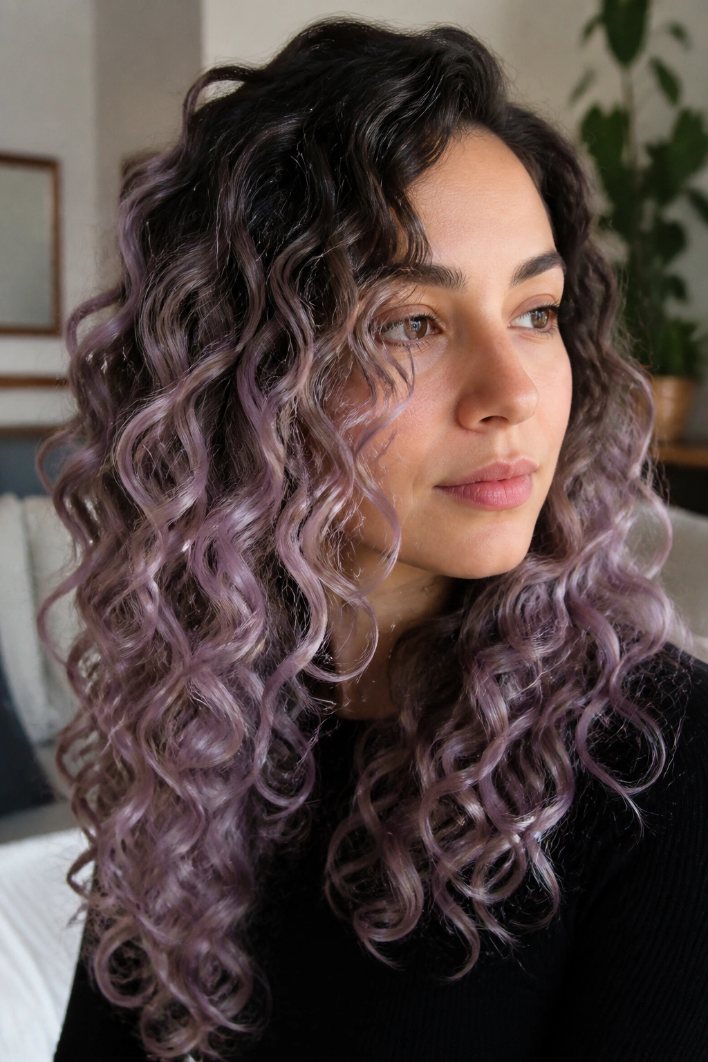 Close-up of curly hair with ribboned lavender ombre following curl pattern