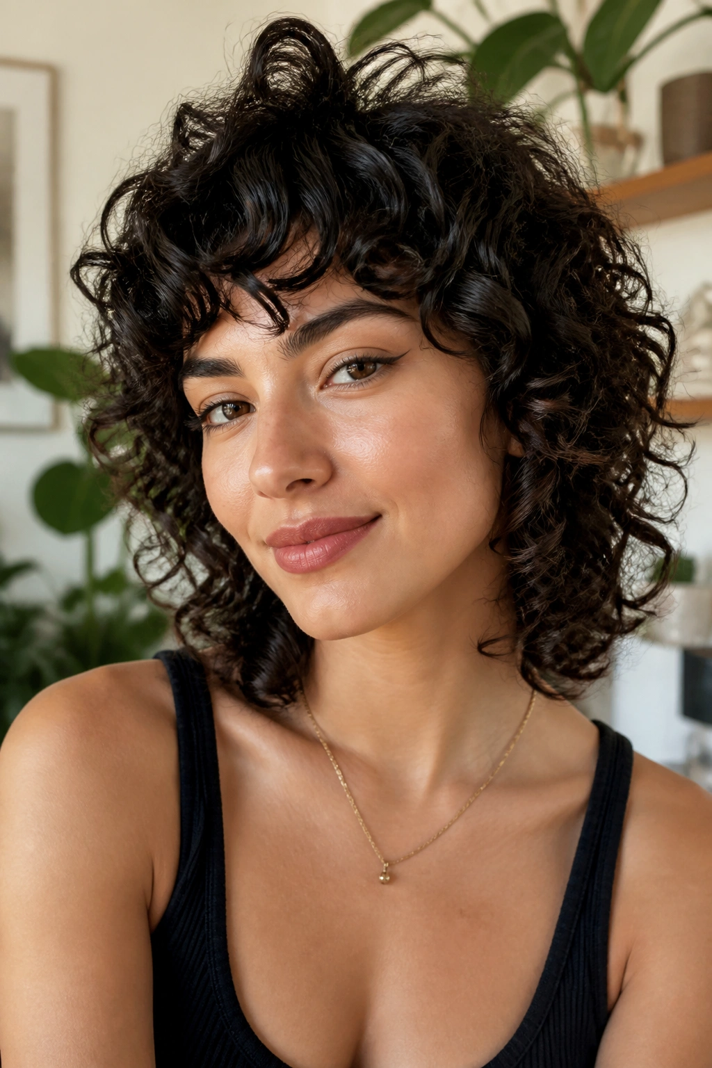 Close-up of a real person with curly layered cut, crown lifted and volume below cheeks, bright home setting.