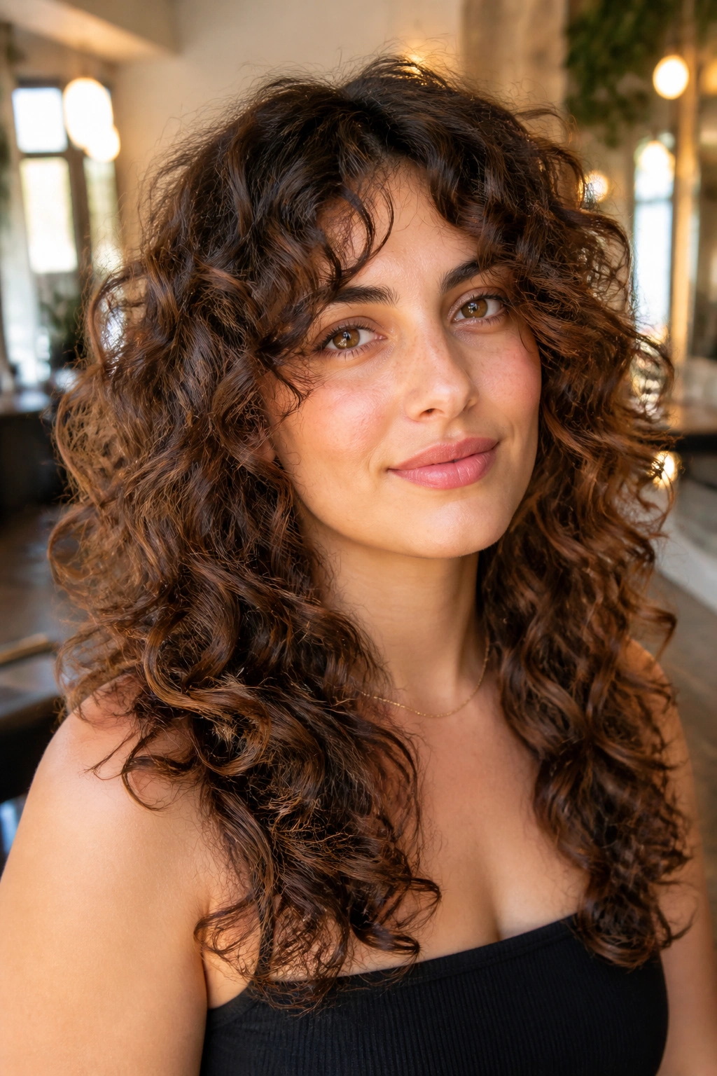 Close-up of a real woman with curly layered cut, curls framing cheeks in a sunlit salon