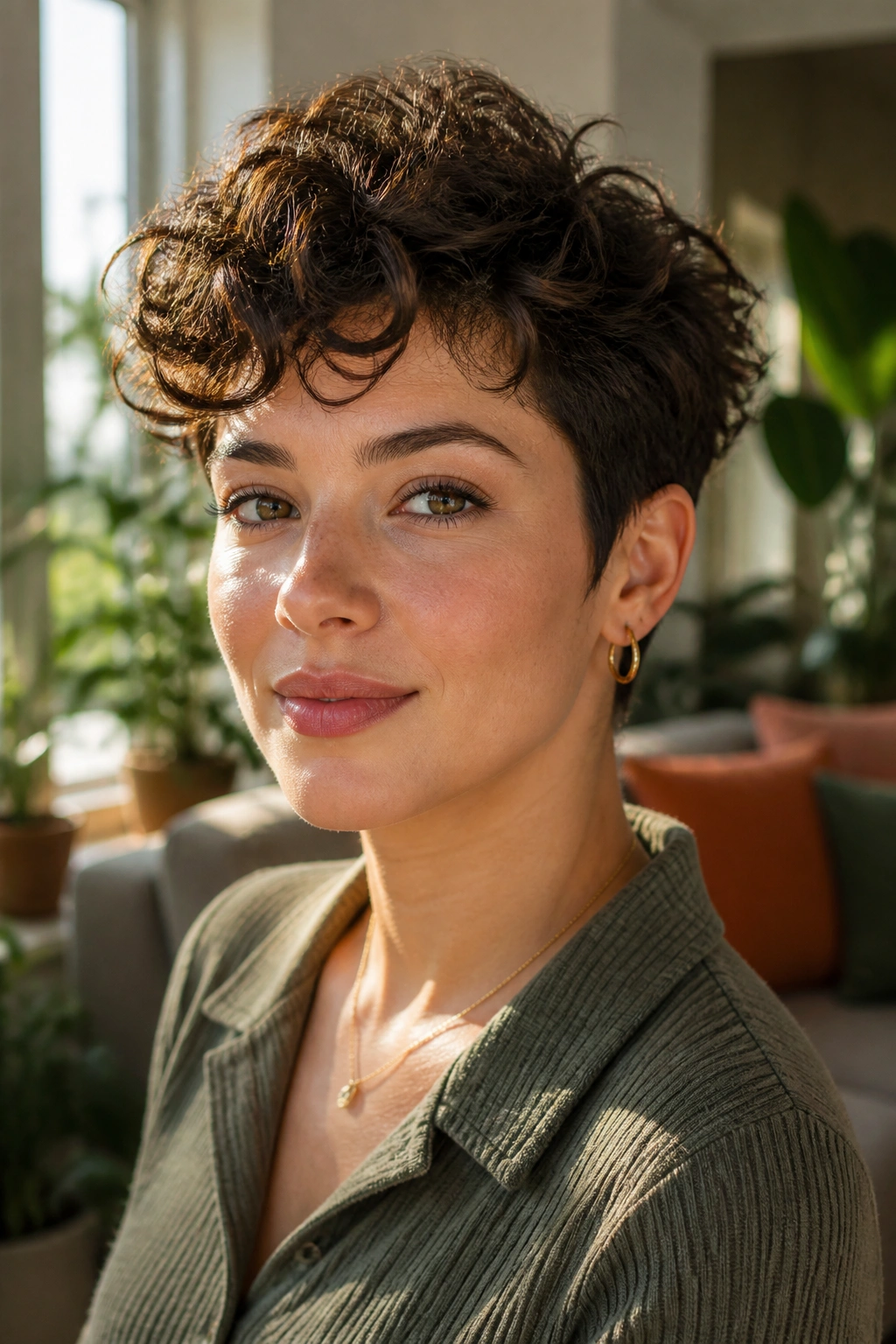 Real woman with curly layered pixie showing height on top in a sunlit room.