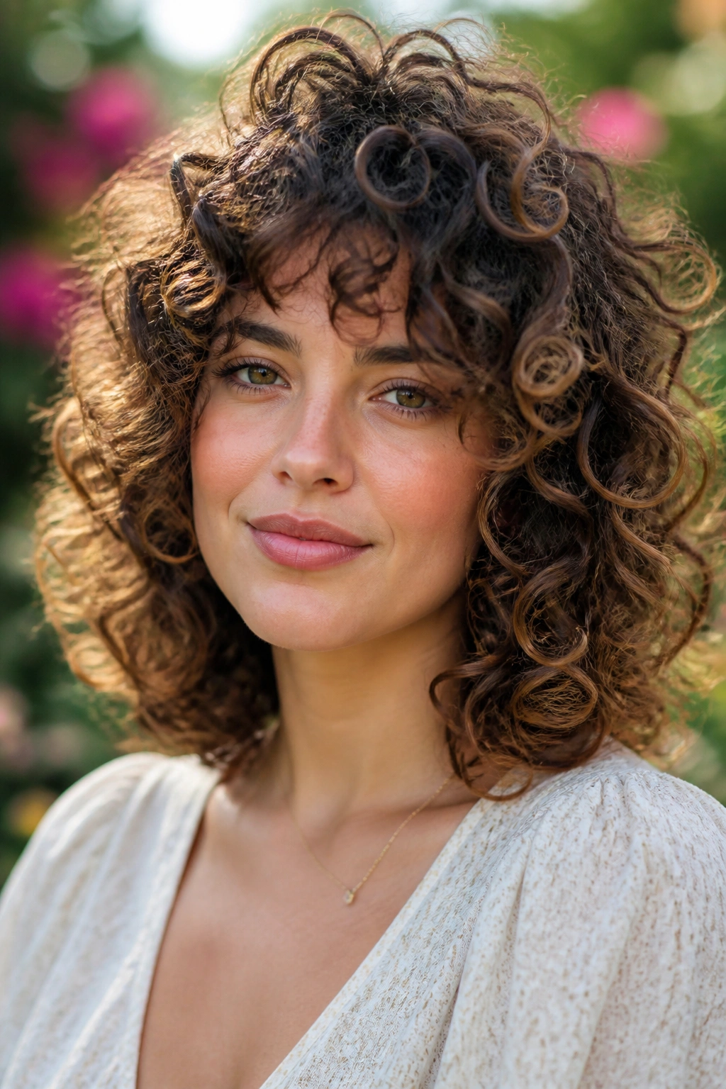 Close-up of a real woman with curly layers following the curl pattern