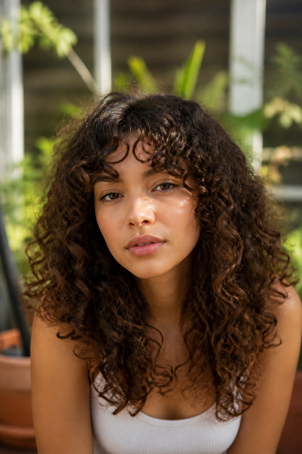 Real woman with thick curly hair showing layered cut that follows curl pattern