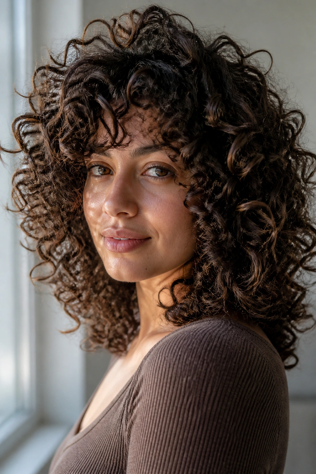 Close-up of thick curly hair with layered cut and curls springing upward
