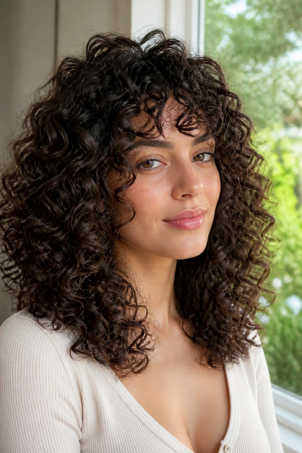 Close-up of a real woman with thick curly hair showing layered curls following curl pattern.