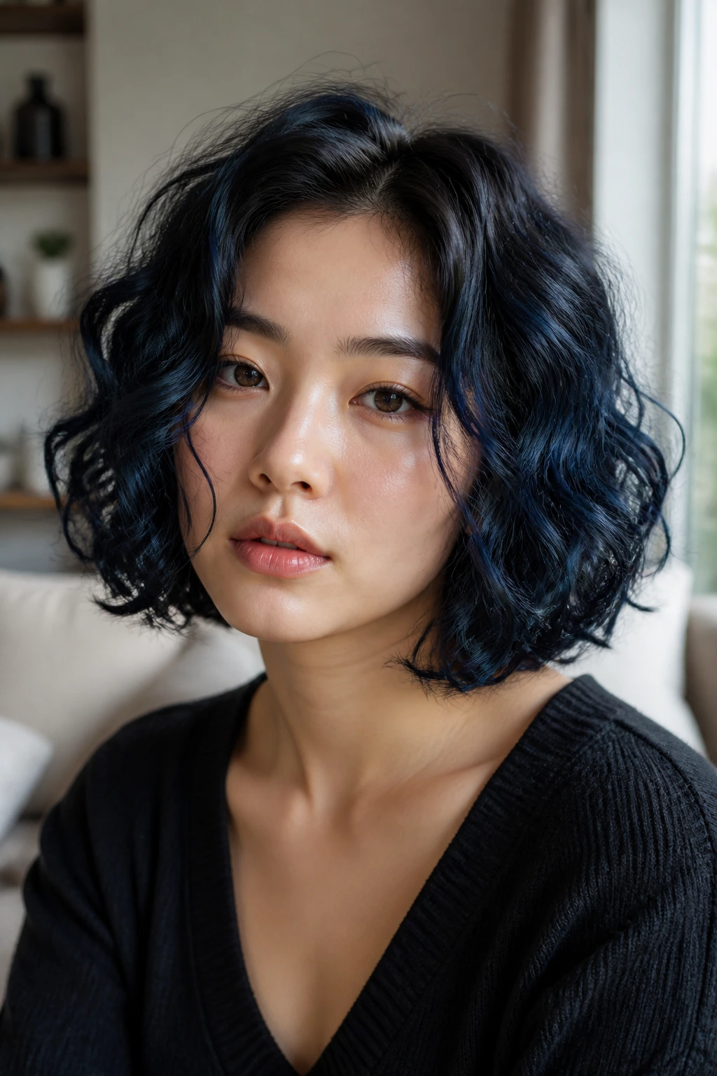 Portrait of a woman with curly lob and dark blue-black roots.