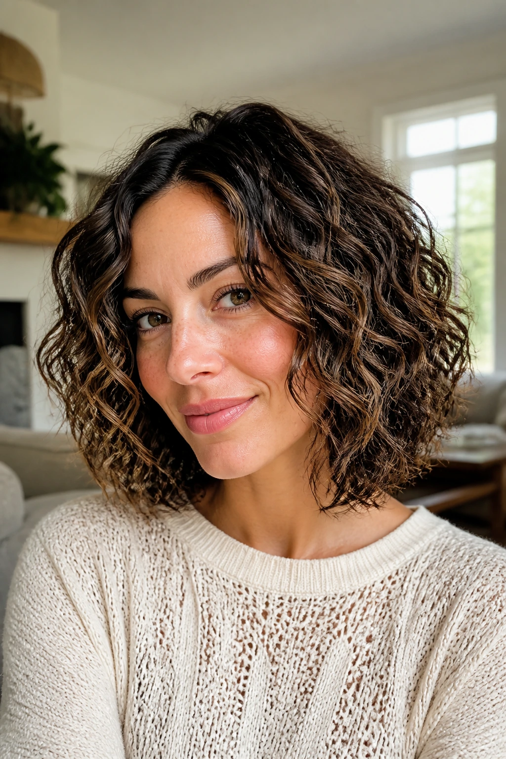 Real person with curly lob at shoulder length, defined curls and structured shape