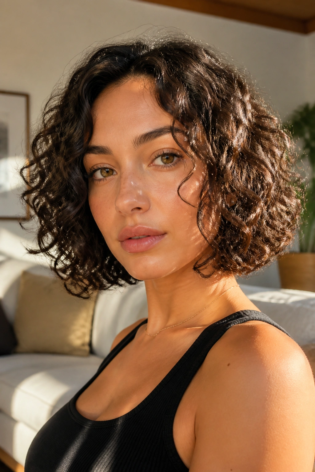 Real woman with curly lob and defined ends framing her face.