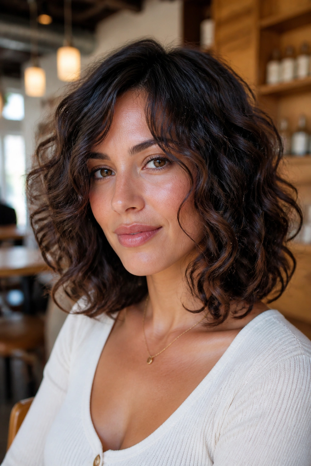 Medium close-up of a real woman with curly lob and face-framing layers
