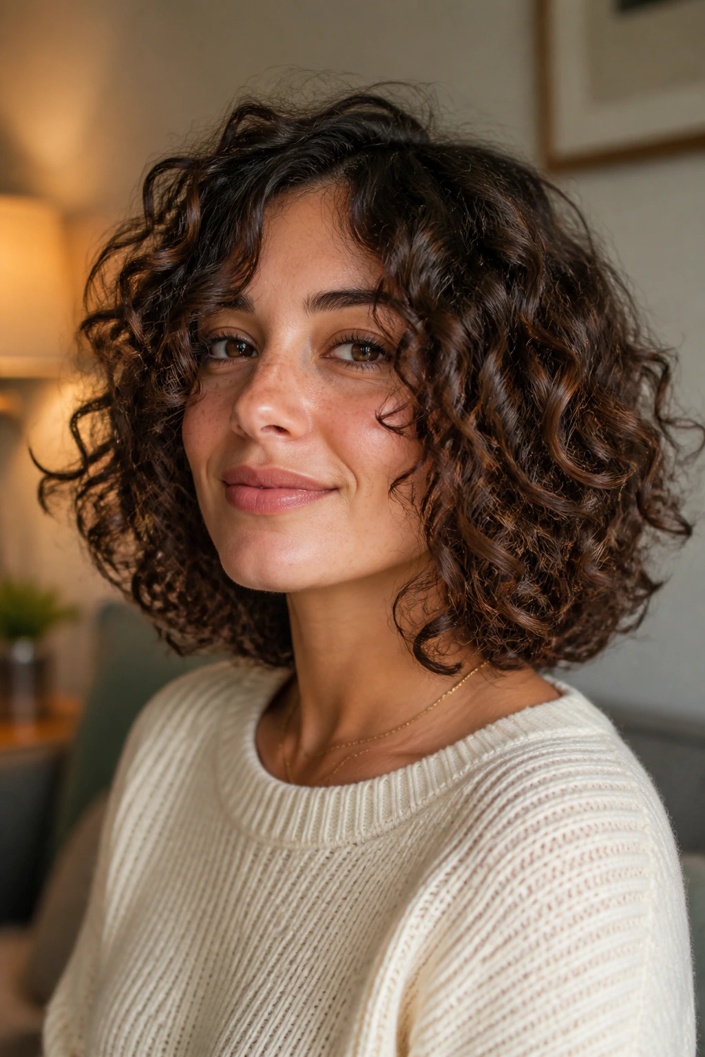 Real person with curly lob and internal layers showing lift and shape