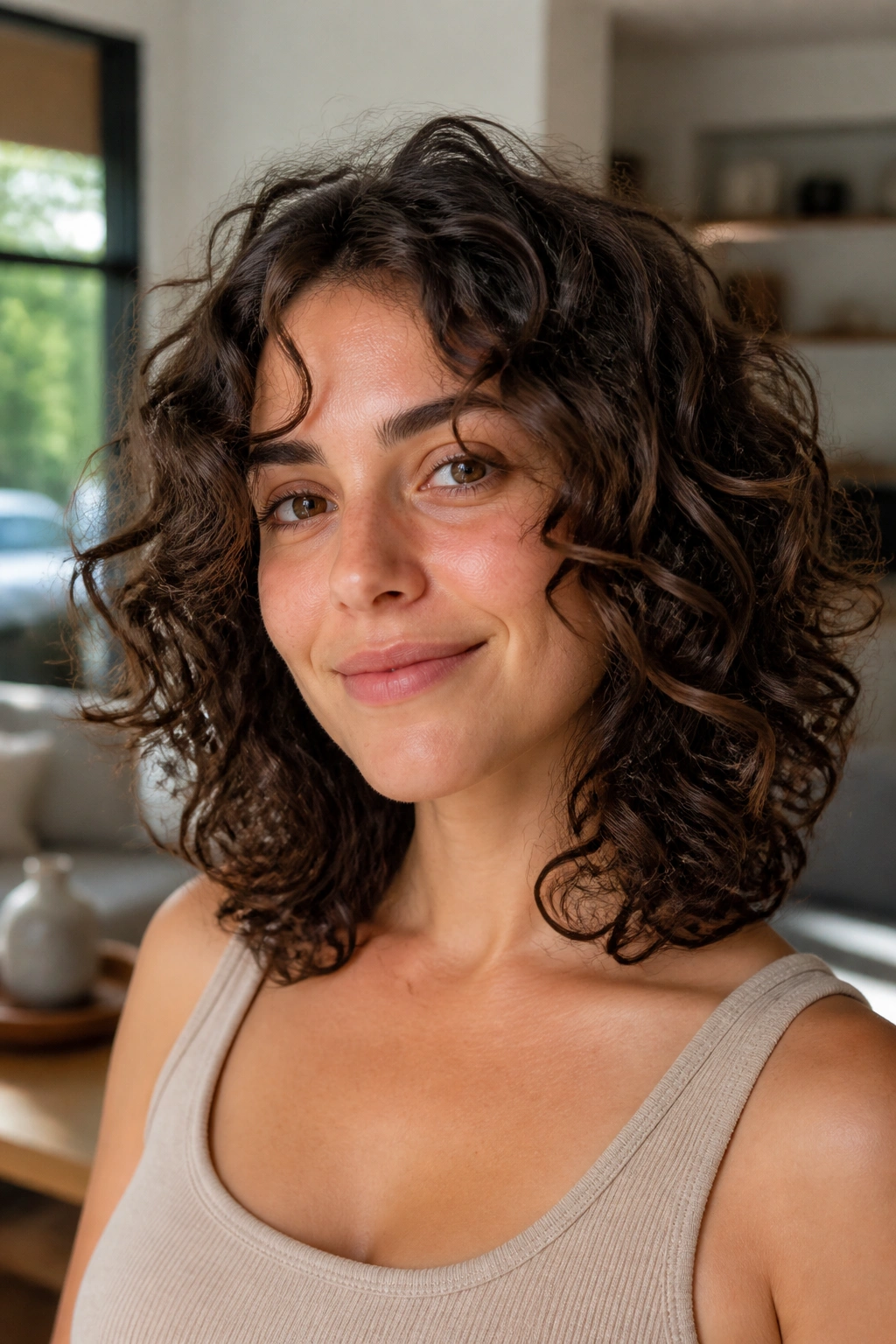 Close-up of curly lob with long invisible layers on a real person in natural light