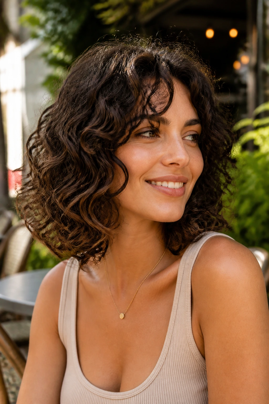 Close-up of a real woman's curls forming a curly lob at jawline in outdoor sunlit setting.