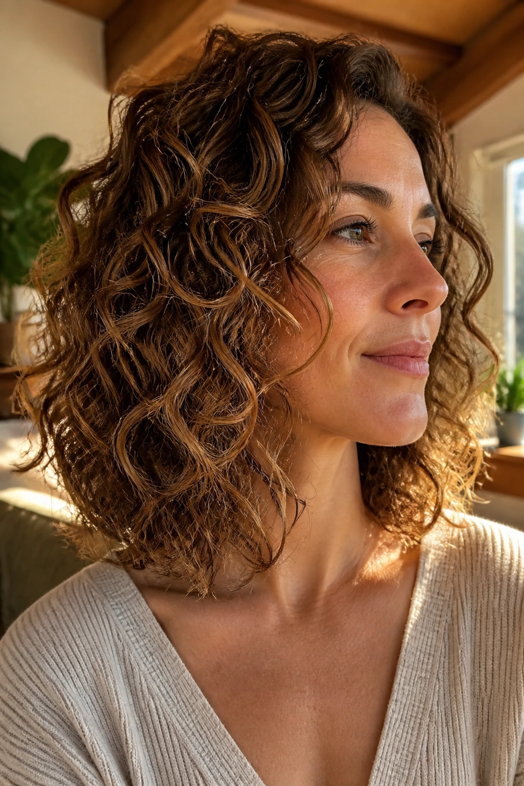 Real person with a curly lob featuring a rounded perimeter and defined curls.