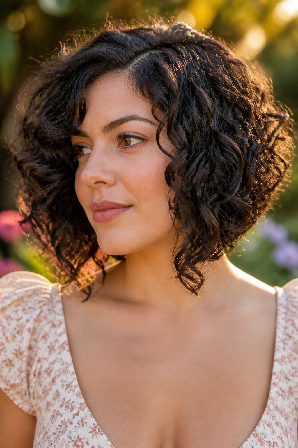 Close-up portrait of a real woman with a curly long-front bob and sculpted shape.