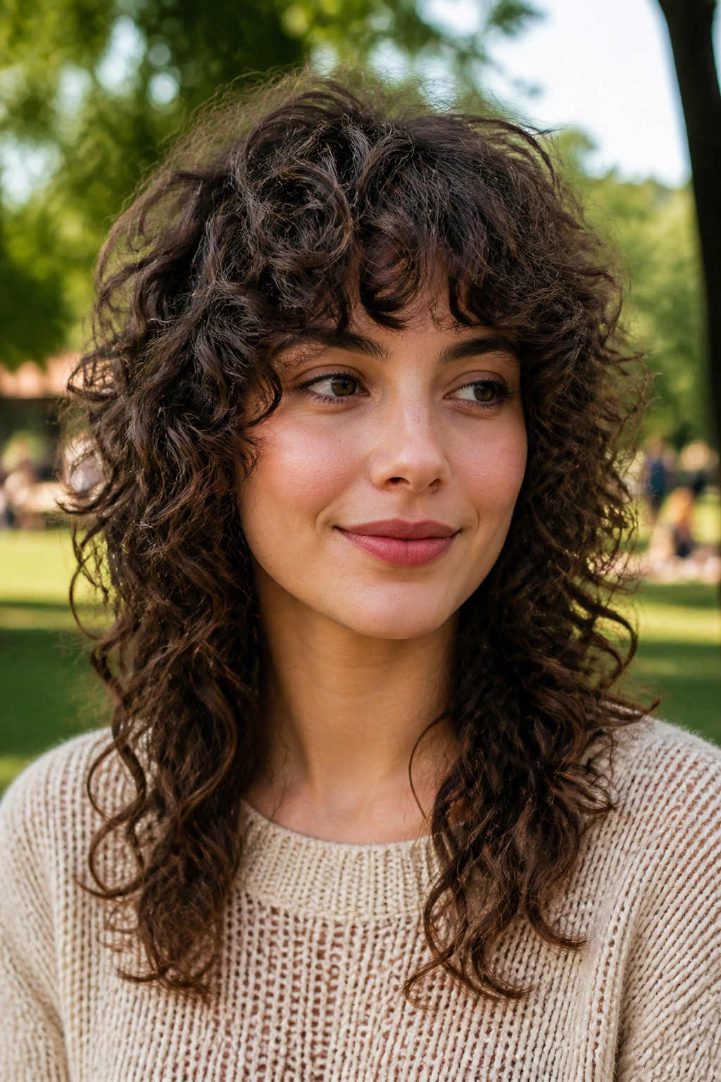 Close-up portrait of a real woman with curly long shag and rounded crown outdoors