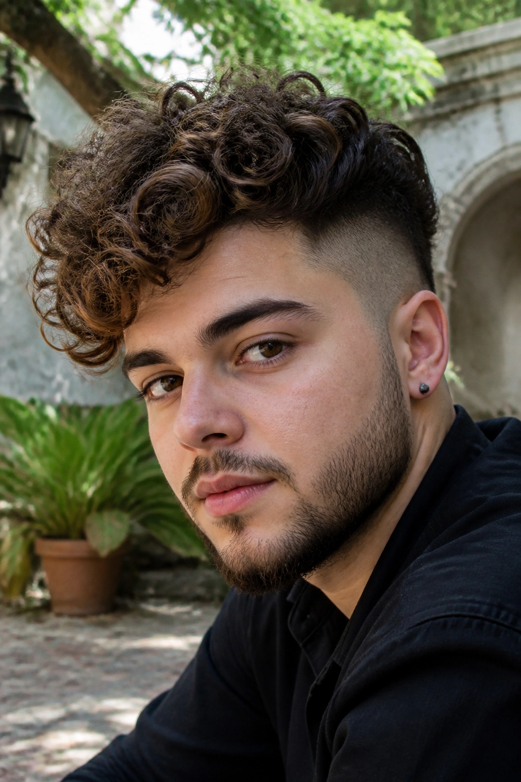 Close-up of a man with a curly long undercut in outdoor daylight.