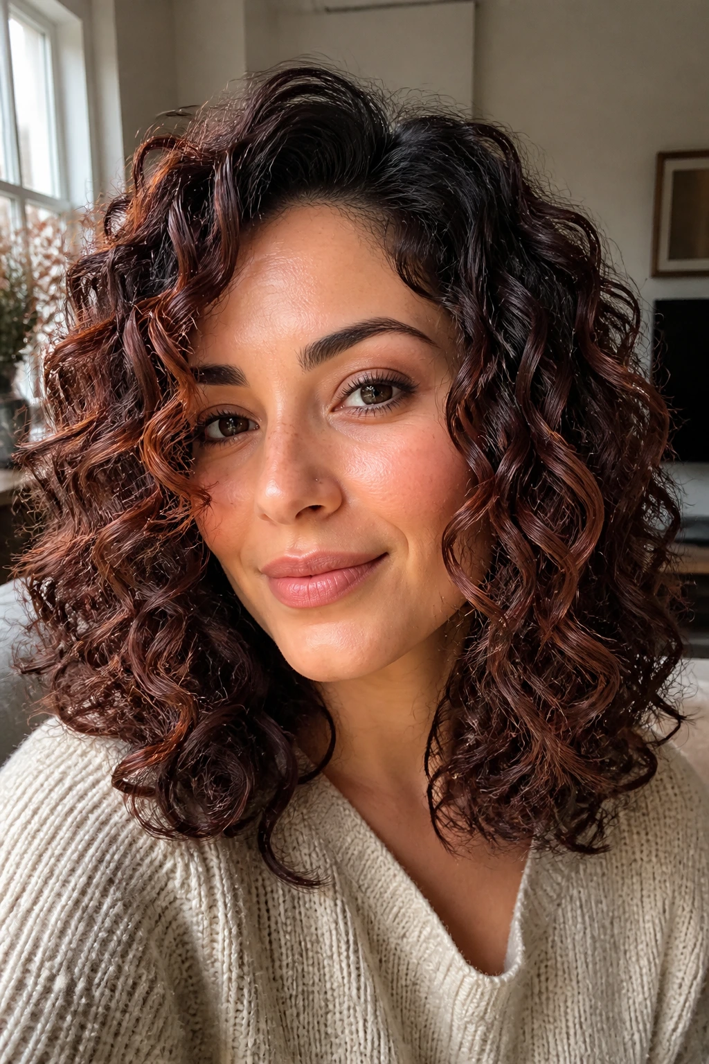Close-up of curly hair with mahogany halo highlights framing the face