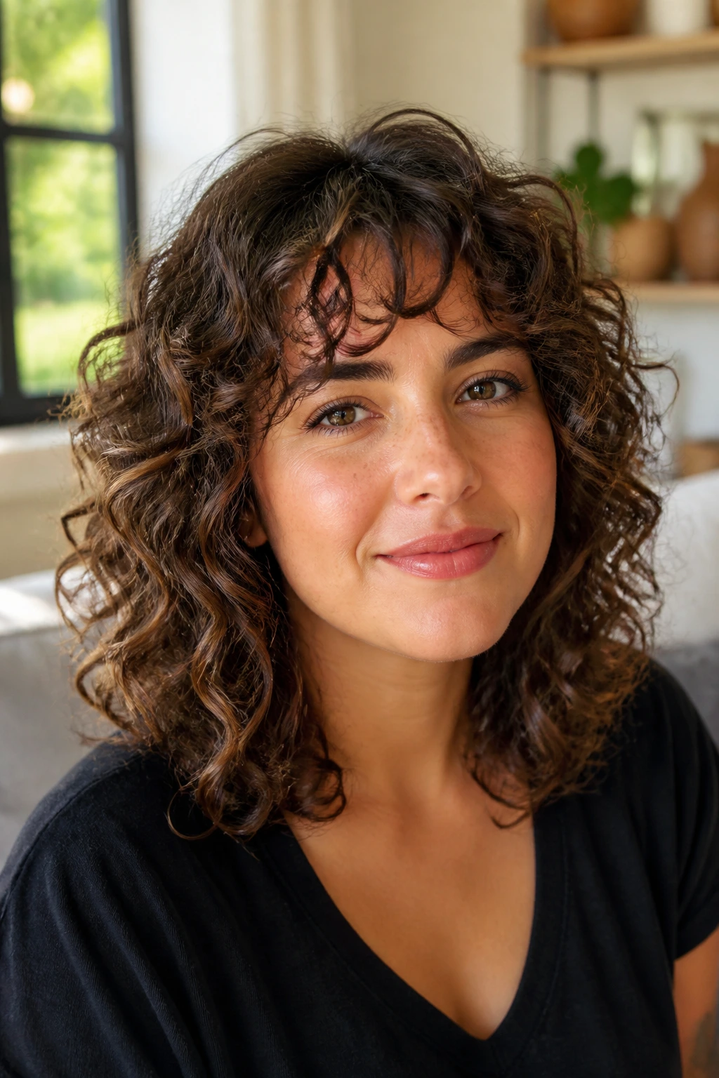Real woman with curly medium layers shaped for width control