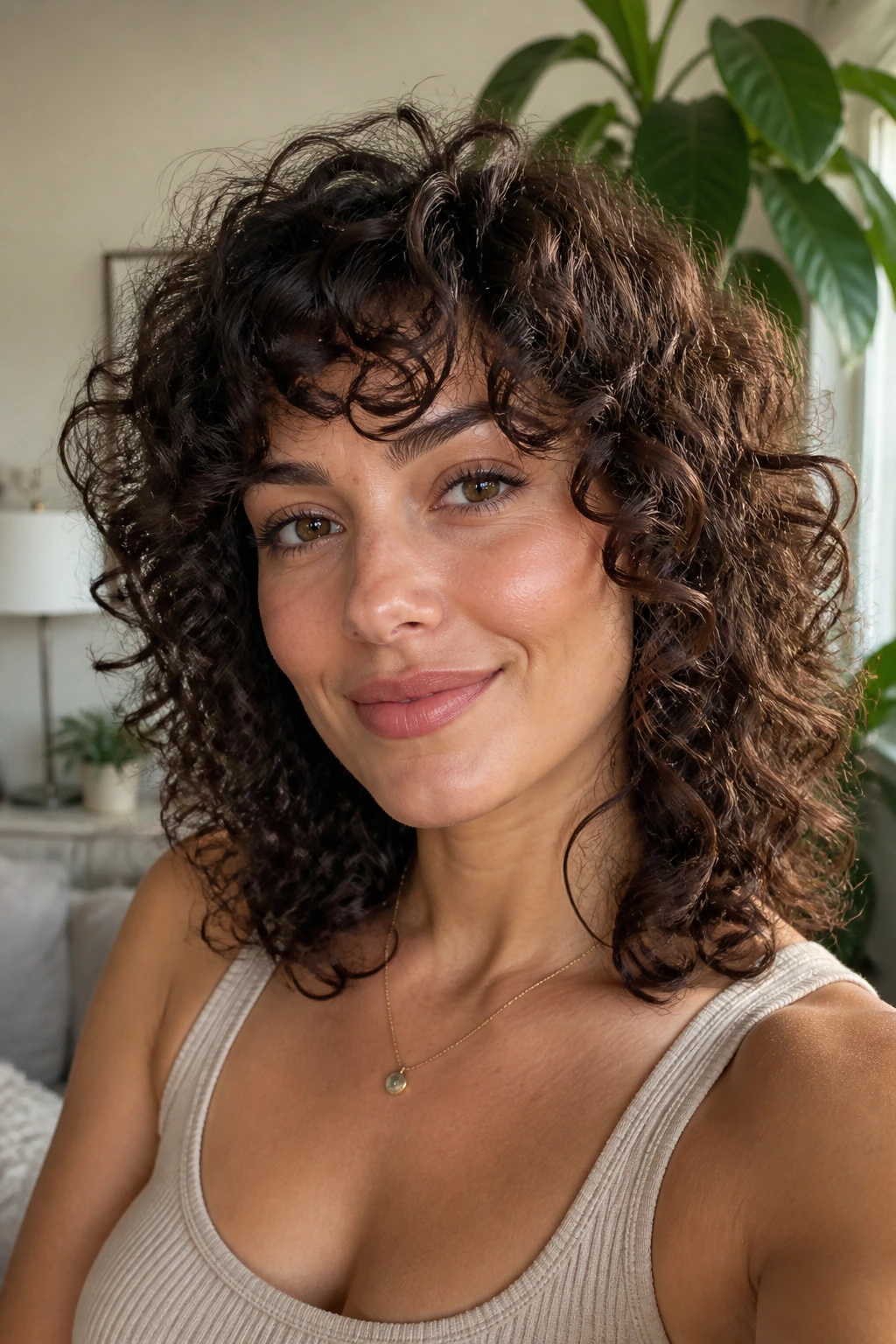 Close-up of a real woman with curly medium shag under natural daylight