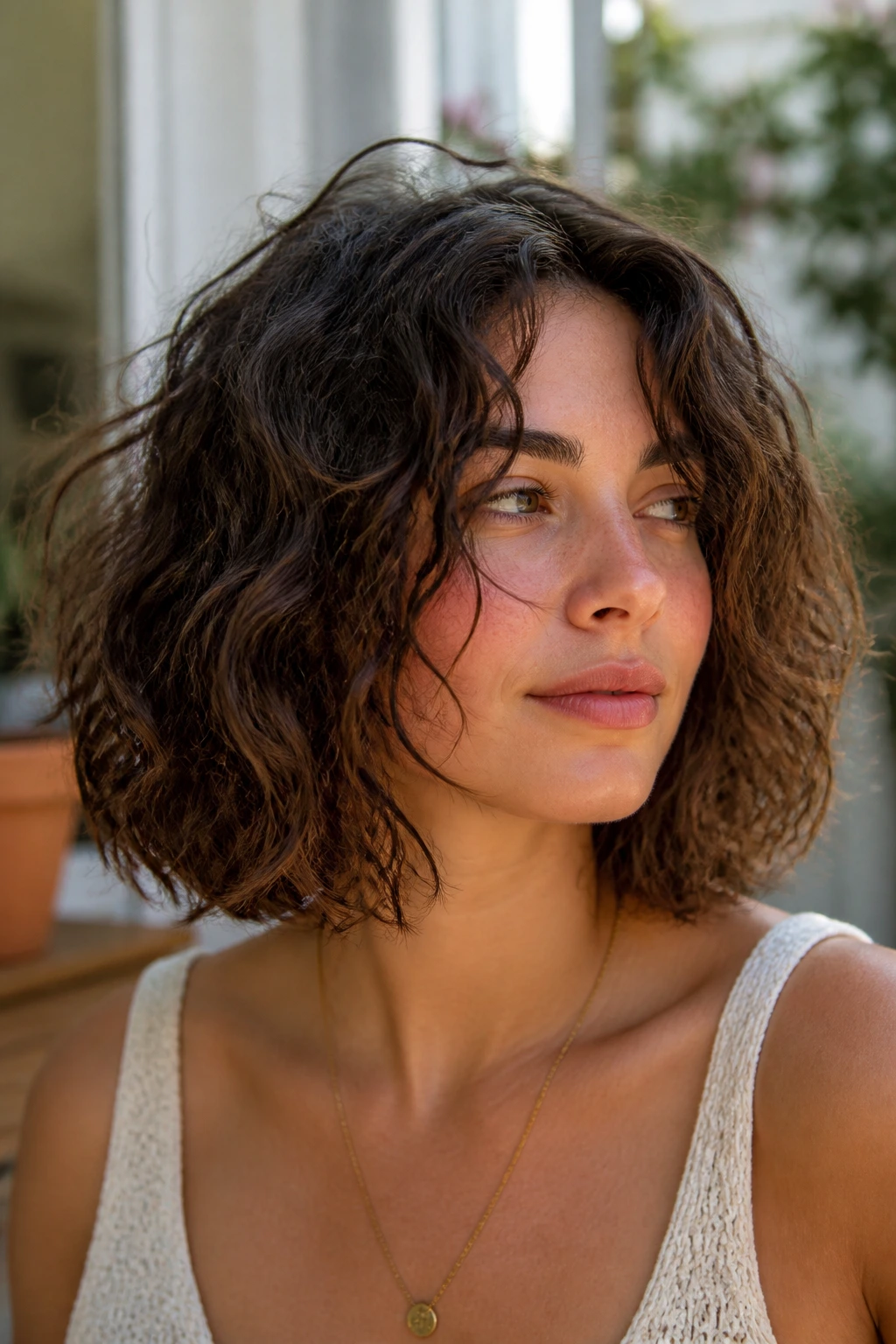 Close-up of a real woman with Curly Messy Lob showing natural curls and relaxed texture