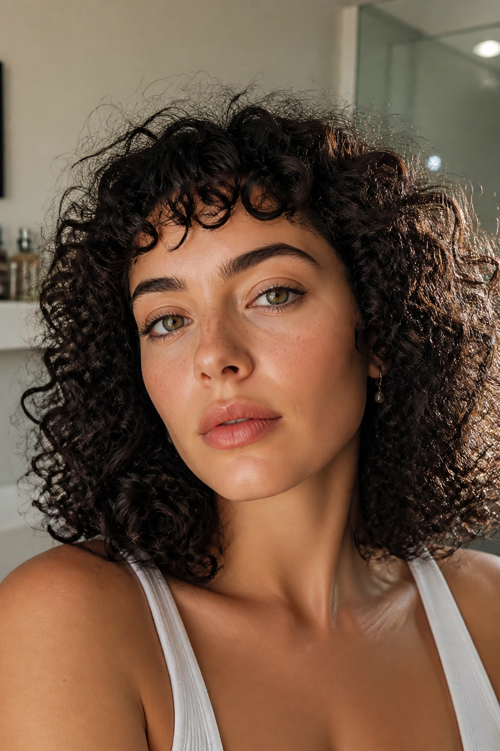 Close-up of curly micro bangs on a real woman with defined curls in bathroom light