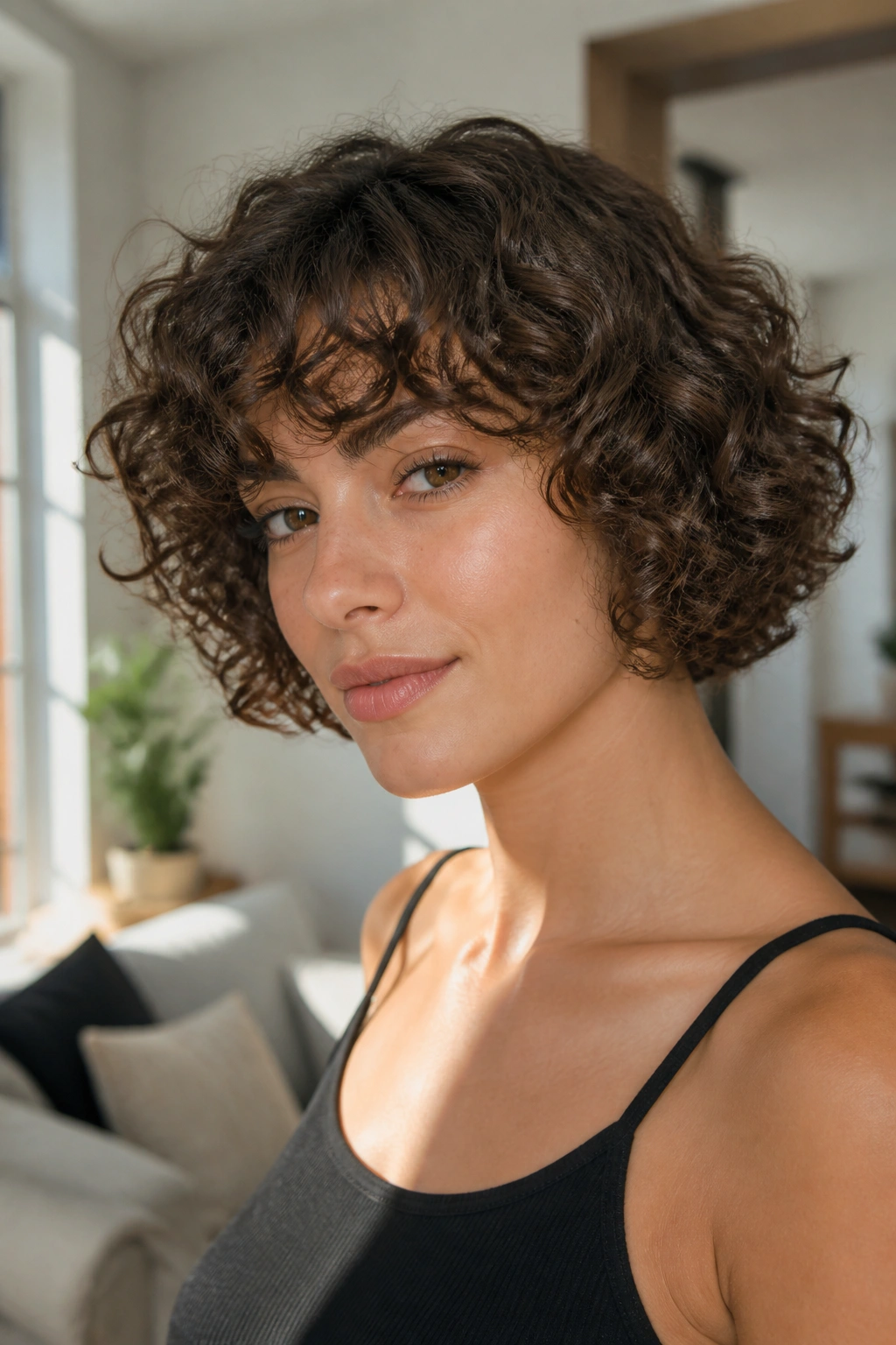 Close-up of a real person with a curly mini bob under natural light