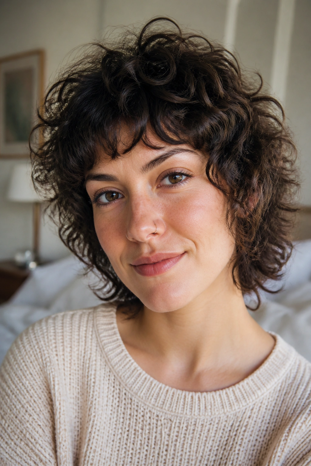 Close-up of real woman with curly mini shag and crown lift, curls around the cheeks.