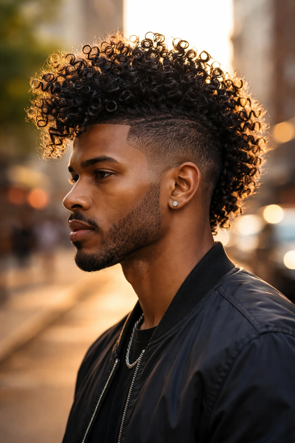 Real-person portrait with high curly mohawk against urban background