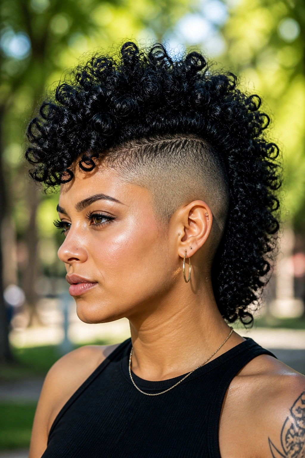 Close-up portrait of a real woman with a curly natural mohawk showing voluminous curls.