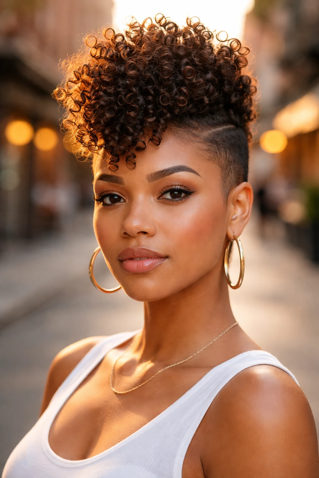Close-up of a real person with a curly Mohawk against an urban street backdrop.