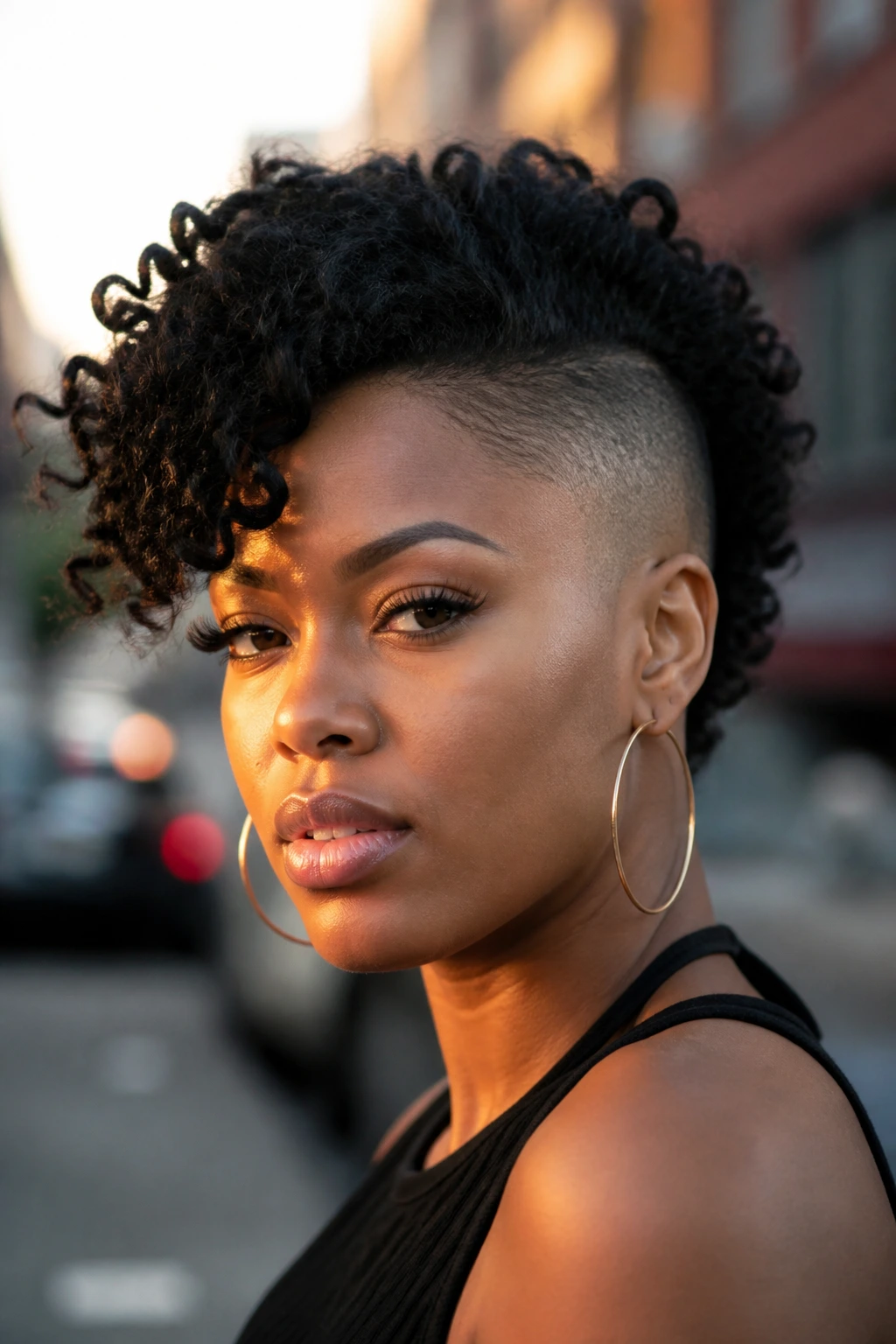 Close-up of curly Mohawk with shaved sides on a real person