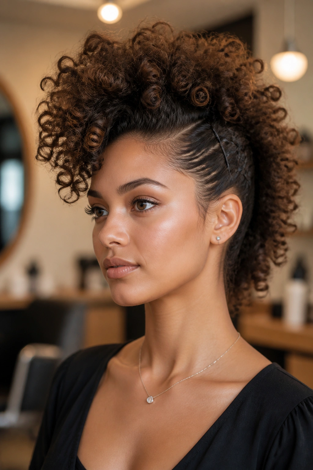 Close-up portrait of a real person with curly mohawk and tamed sides in a salon setting