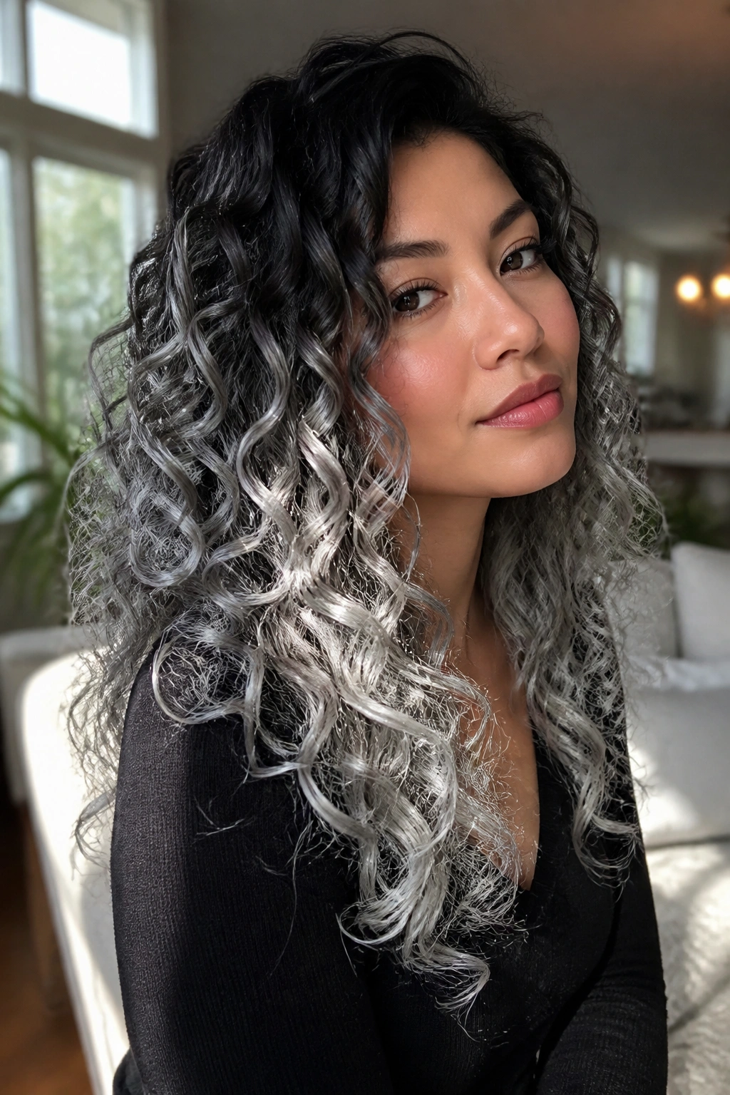 Close-up of a real person with curly moonlight ombre: black roots to silver ends.