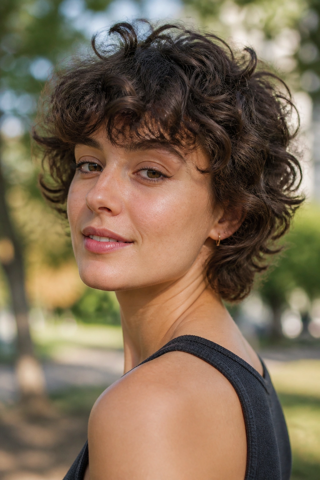 Close-up of a real woman with a curly mop top in a park setting