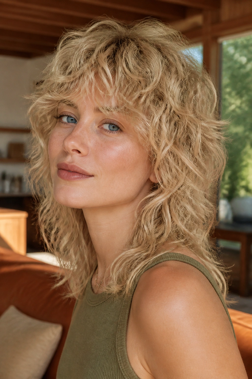 Real woman with a soft curly blonde mullet and airy ends in warm natural light