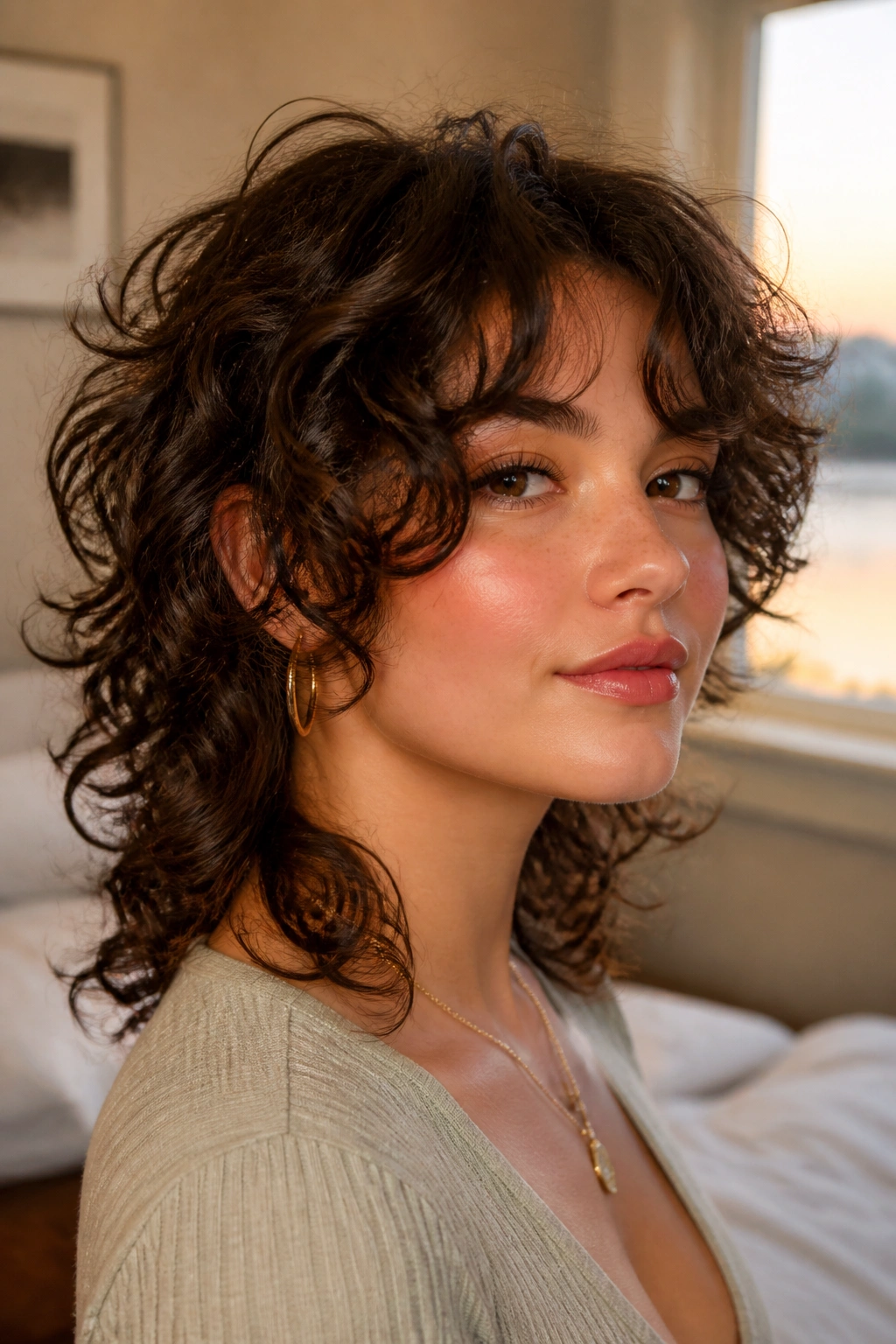 Close-up of a real woman with a soft curtain-bang curly mullet for round faces