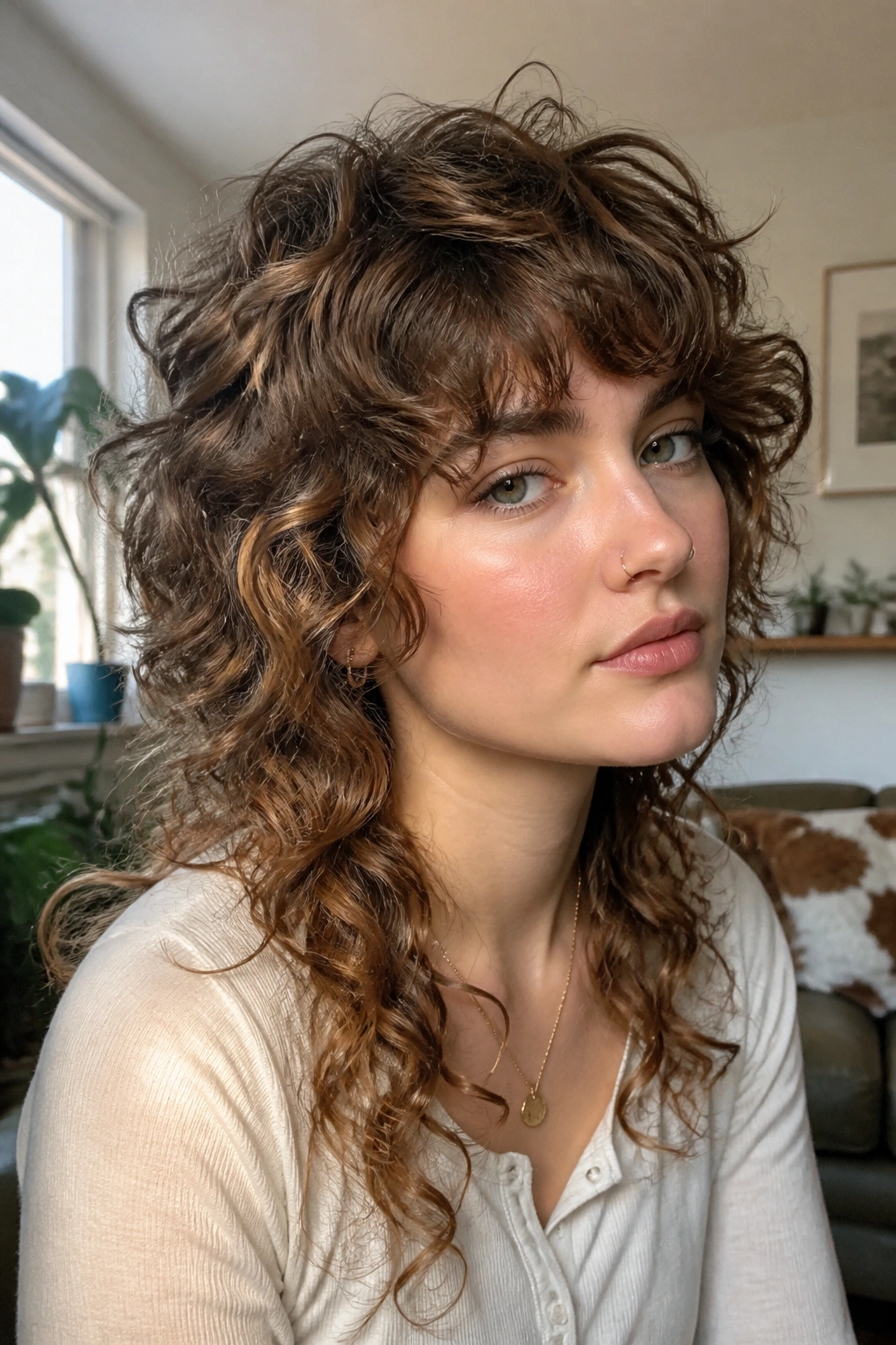 Close-up portrait of a real person with curly fairy shag mullet and soft wolf layers