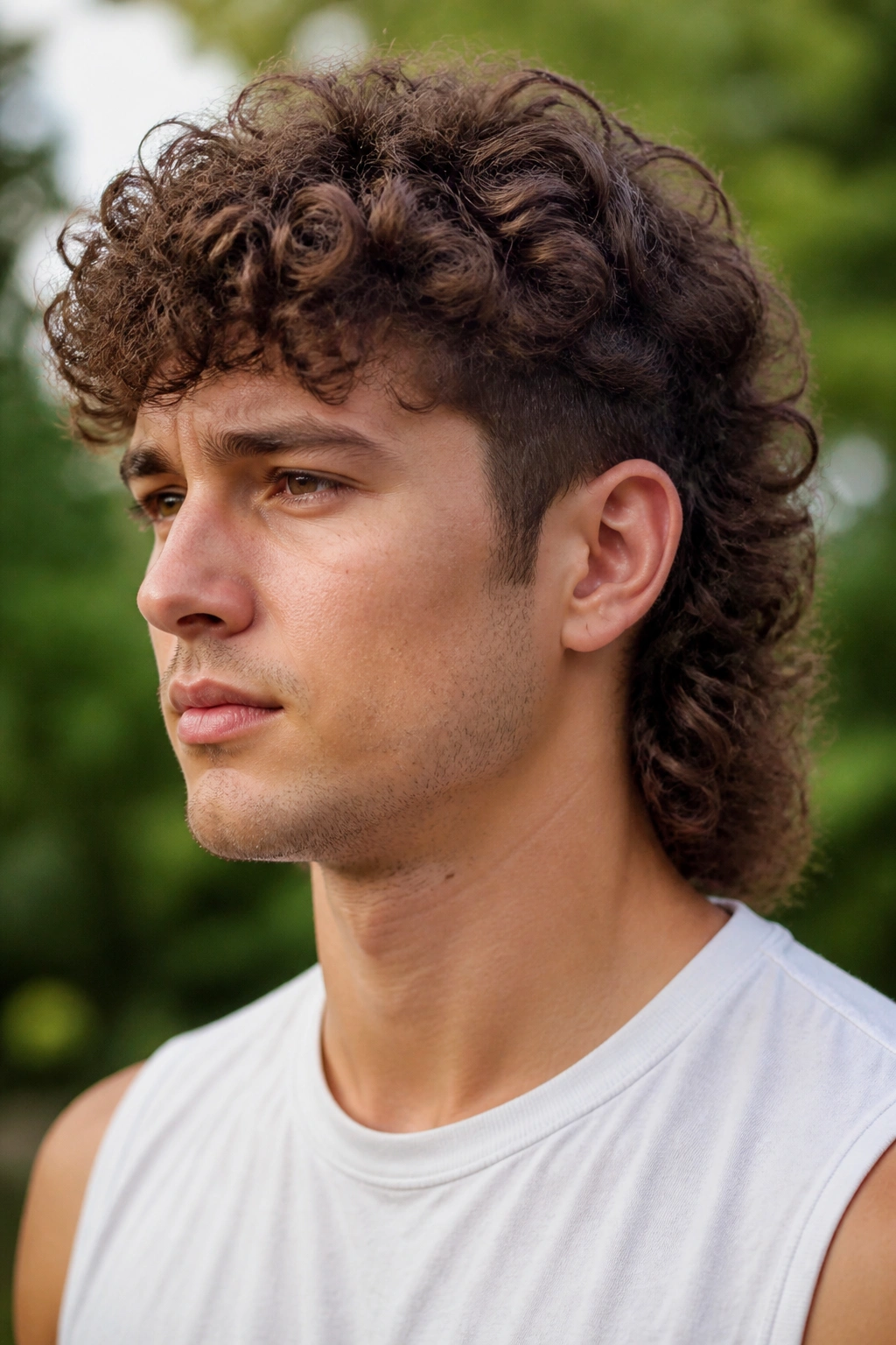 Close-up of a man with a curly mullet maintaining shape