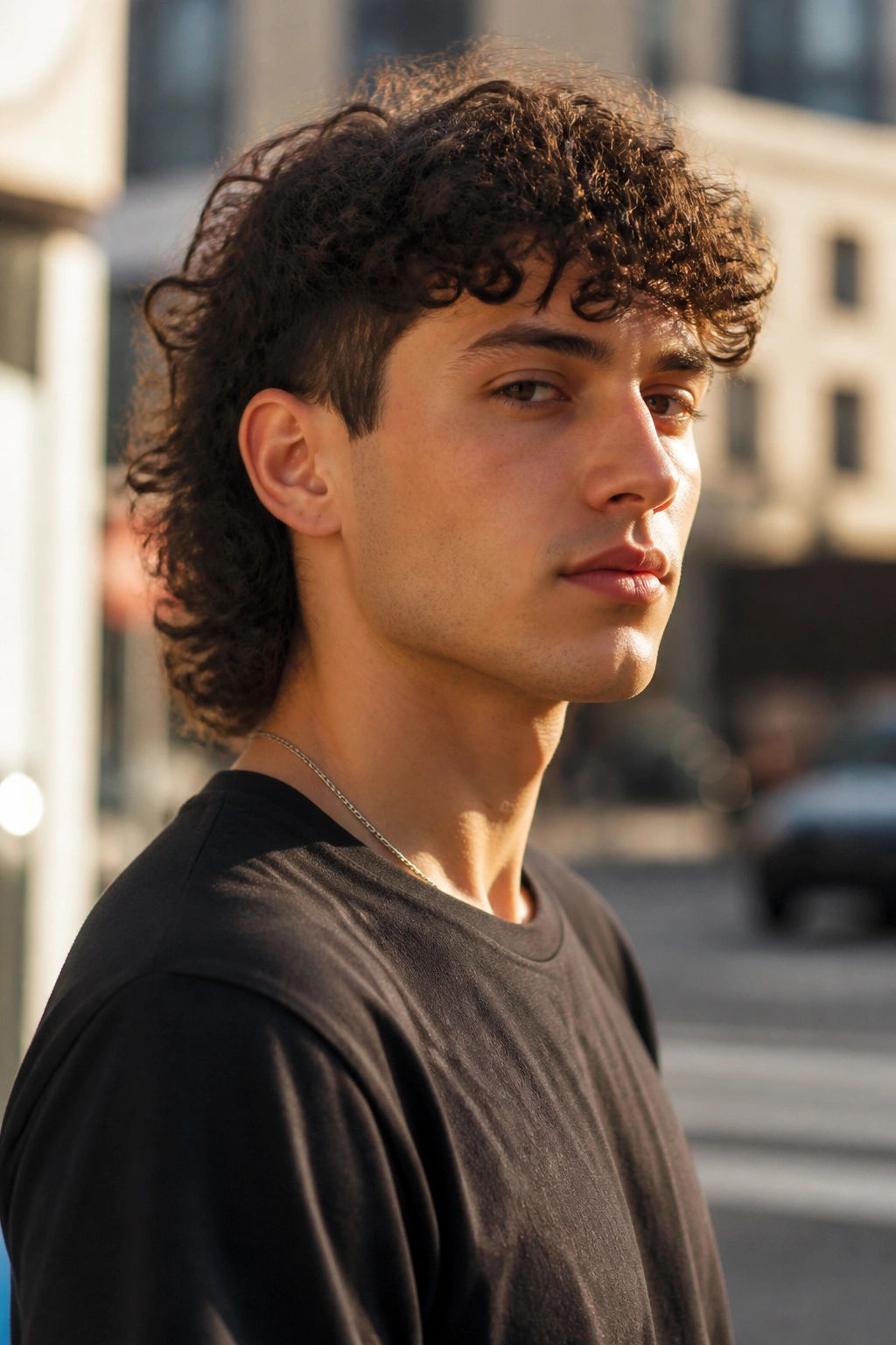 Three-quarter portrait of a real person showing a curly mullet